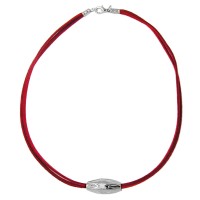 GALLAY Jewellery - Schmuck und Dekoration - Kette Kunststoffperle Rillenolive chromfarben glänzend Velourband rot 42cm