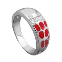 GALLAY Jewellery - Schmuck und Dekoration - Ring 7mm rote Lackeinlage 4 Zirkonias glänzend rhodiniert Silber 925 Ringgröße 56